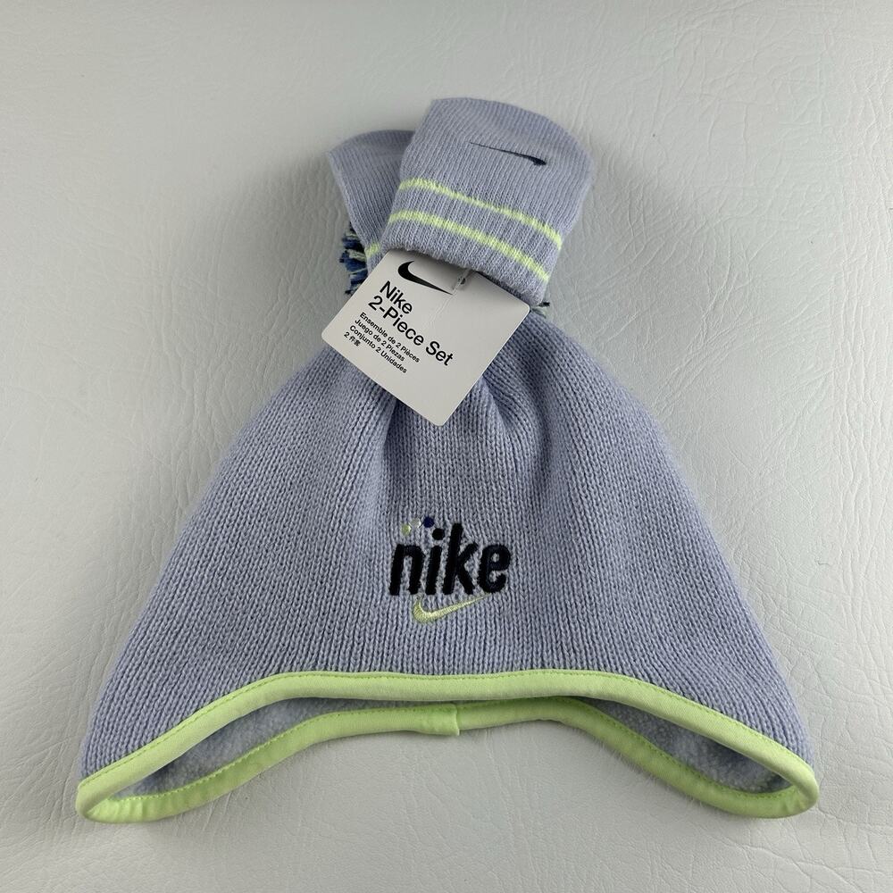 Nike Infant 2 Piece Knit Hat Gloves Set Gray Neon Green Logo NWT - Picture 1 of 6